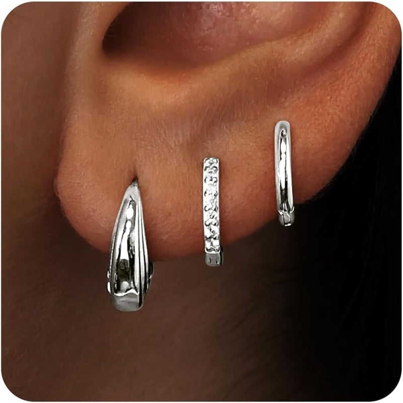 Poxtex Small Sterling Silver Huggie Hoop Earrings Set for Women, Hypoallergenic 14K Gold Plated Hoops Stacks for Multiple Piercings, Dainty Cute Mini Lightweight Cartilage Studs Trendy Jewelry Gift - Image 1
